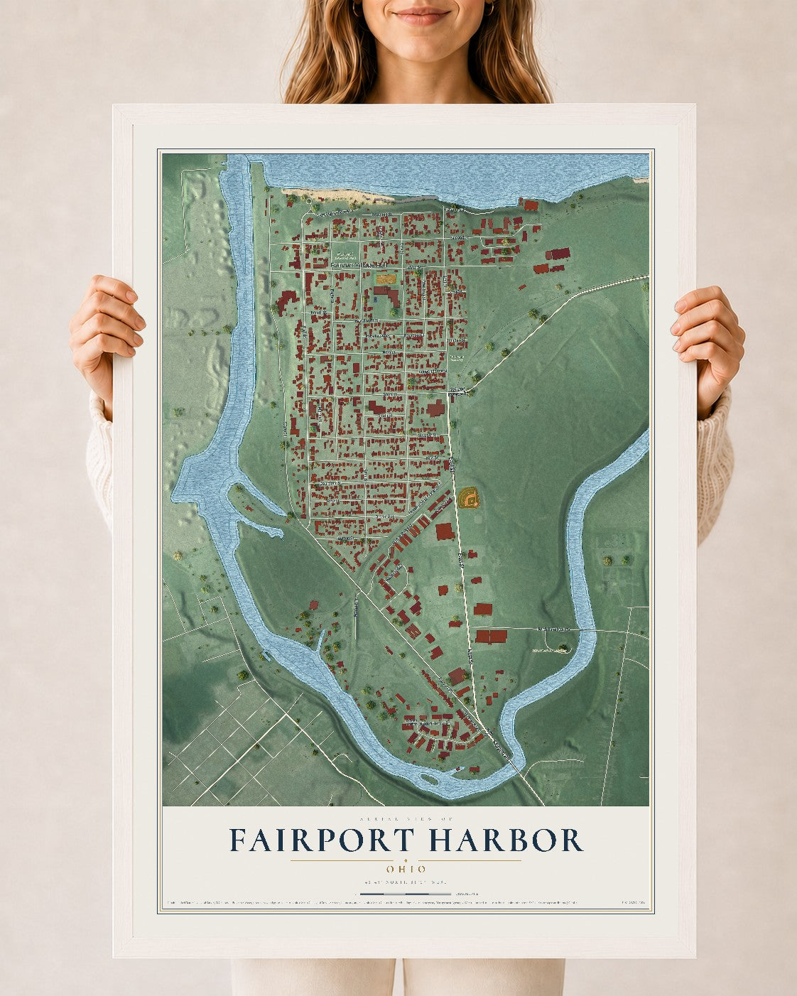 Map of Fairport Harbor, Ohio, 24 x 36 inch print in a white wood frame