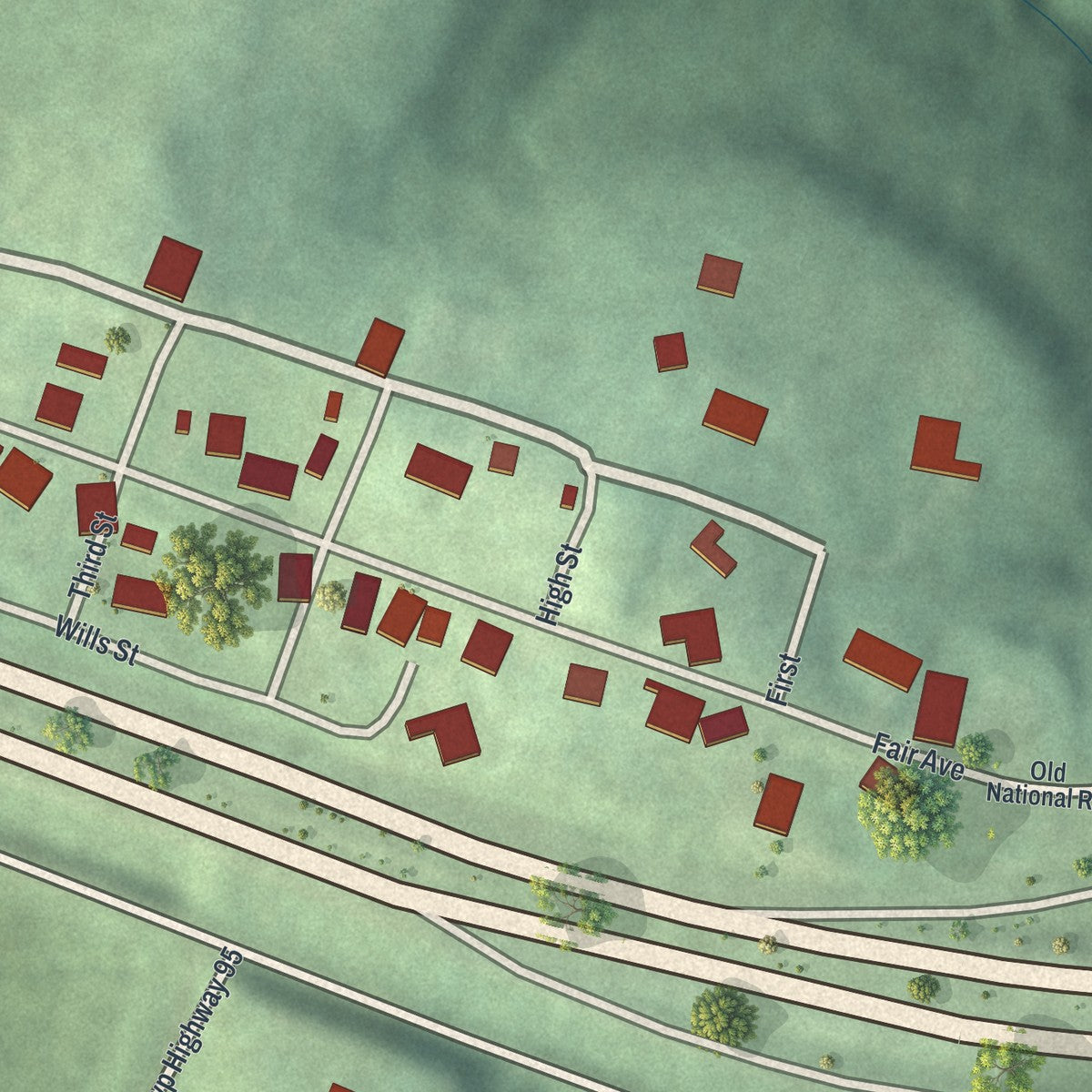 Close-up of the map of Fairview, Ohio print showing street and building detail