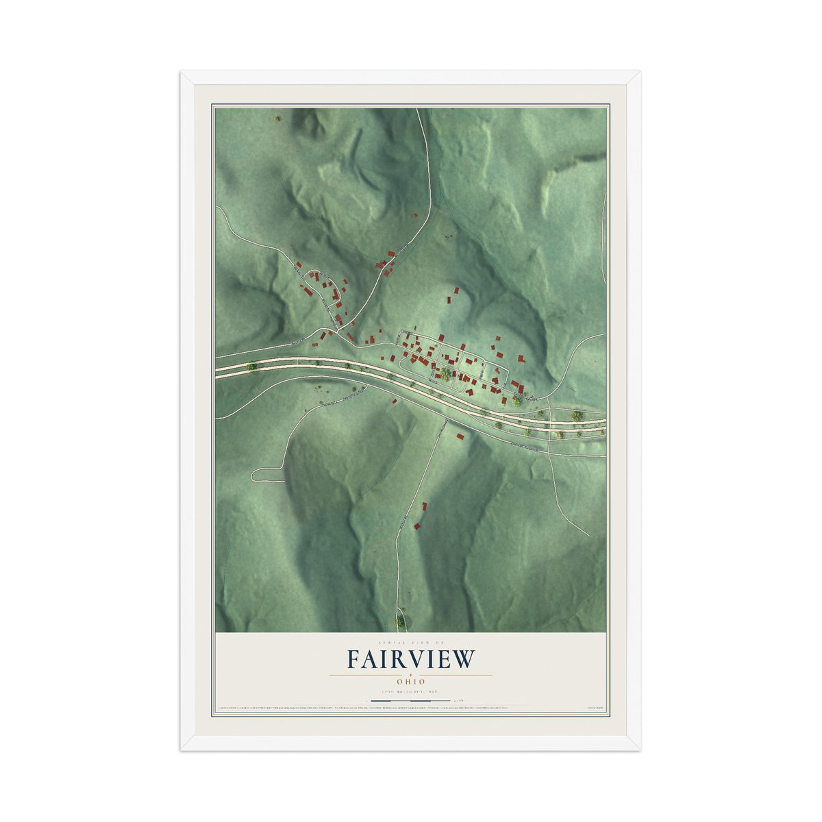 Map of Fairview, Ohio, 12 x 18 inch print in a white wood frame