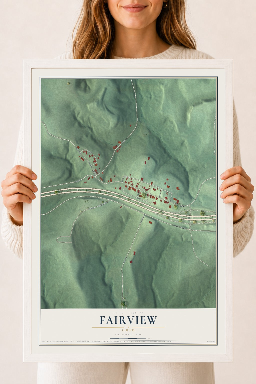 Map of Fairview, Ohio, 18 x 24 inch print in a white wood frame