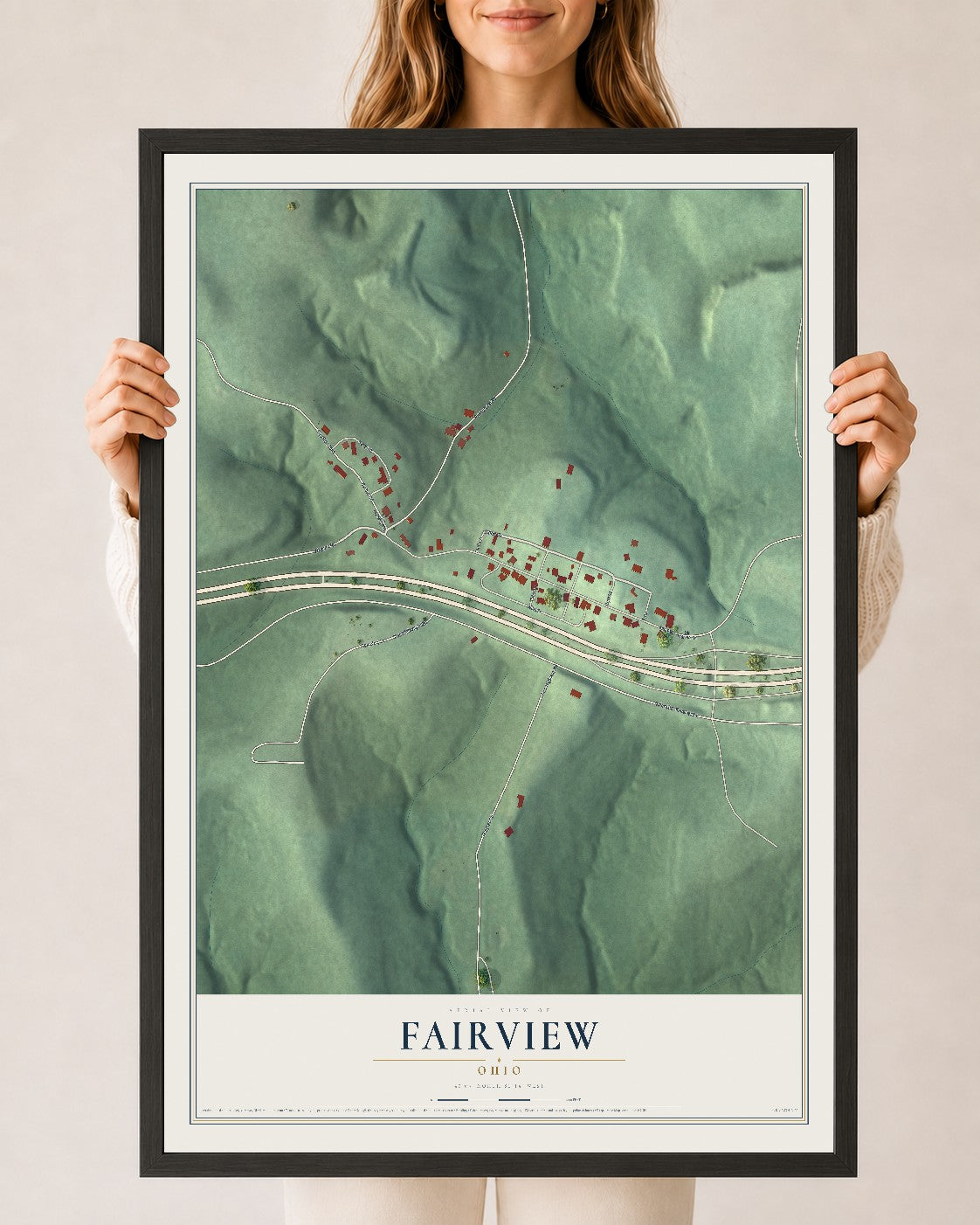 Map of Fairview, Ohio, 24 x 36 inch print in a black wood frame