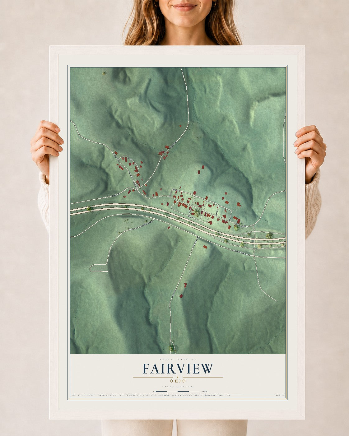 Map of Fairview, Ohio, 24 x 36 inch print in a white wood frame