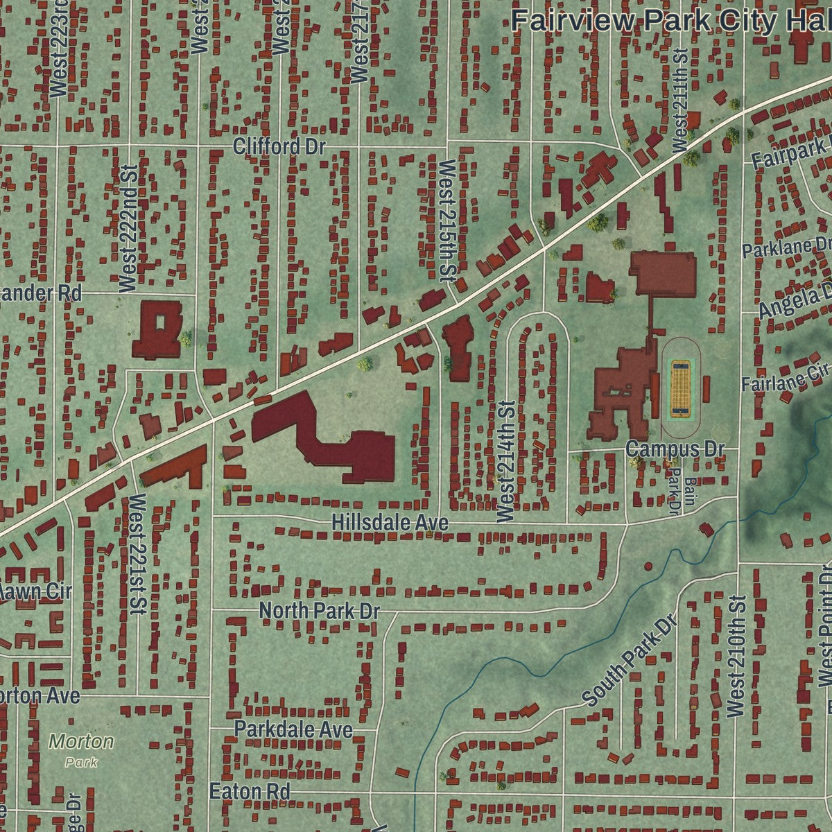 Close-up of the map of Fairview Park, Ohio print showing street and building detail