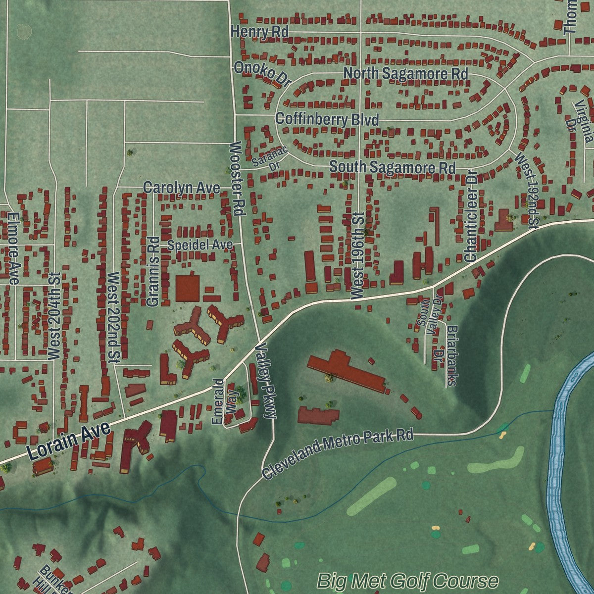 Second close-up of the map of Fairview Park, Ohio print showing more streets and buildings