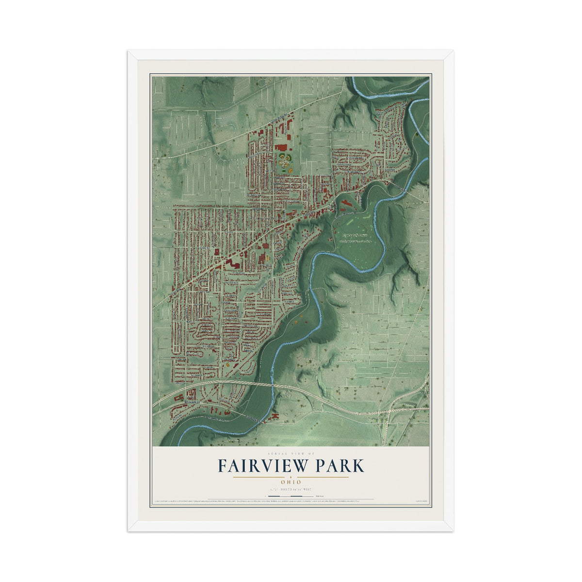 Map of Fairview Park, Ohio, 12 x 18 inch print in a white wood frame