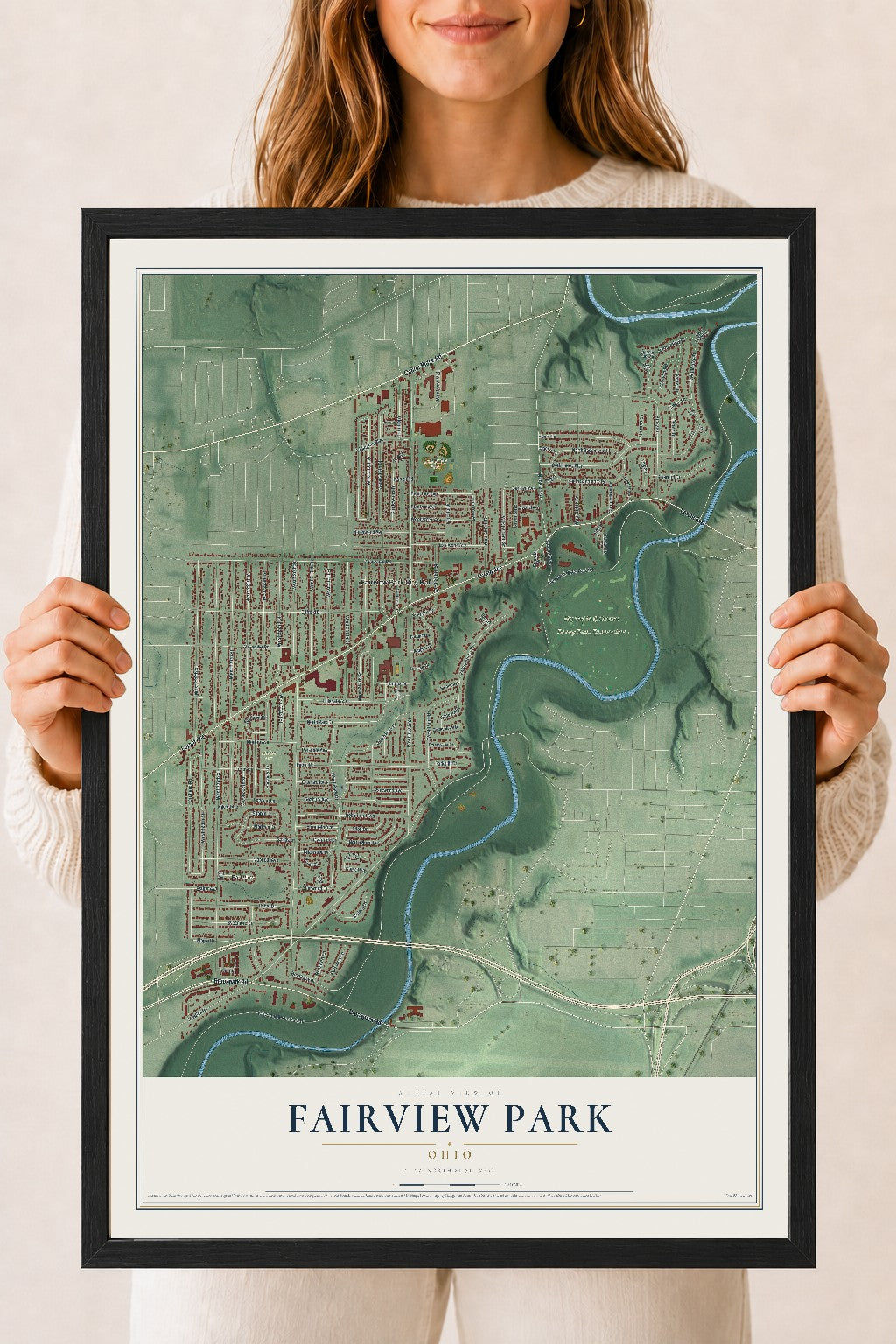 Map of Fairview Park, Ohio, 18 x 24 inch print in a black wood frame