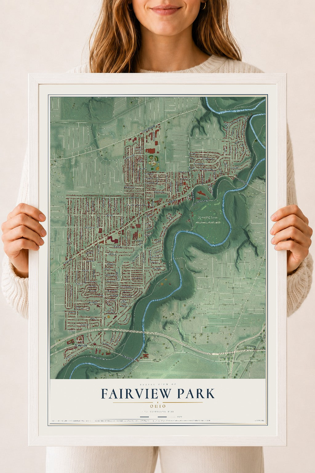 Map of Fairview Park, Ohio, 18 x 24 inch print in a white wood frame