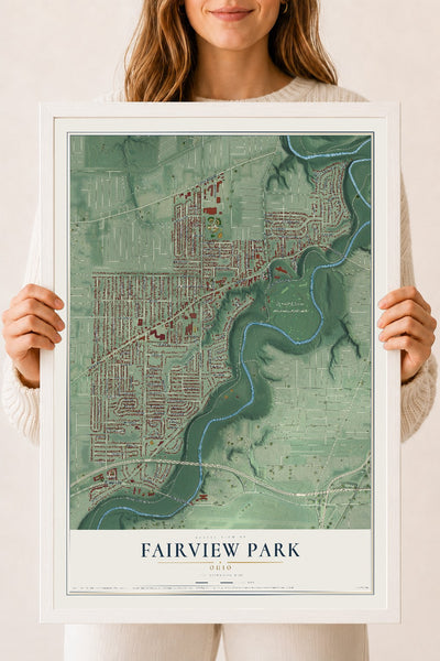 Map of Fairview Park, Ohio, 18 x 24 inch print in a white wood frame