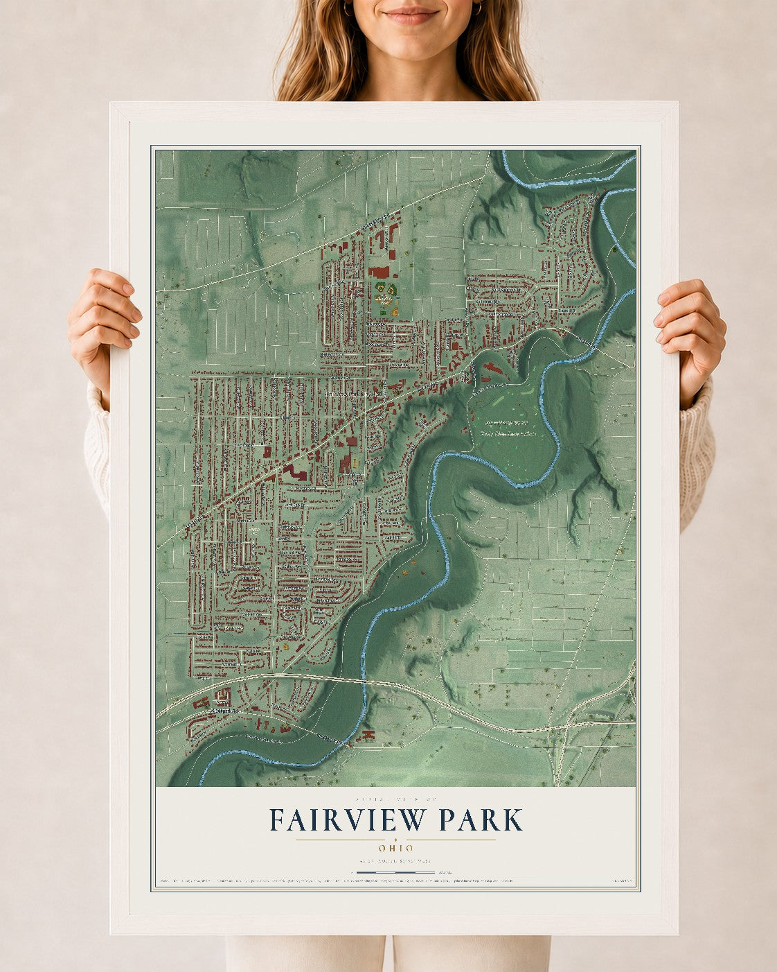 Map of Fairview Park, Ohio, 24 x 36 inch print in a white wood frame