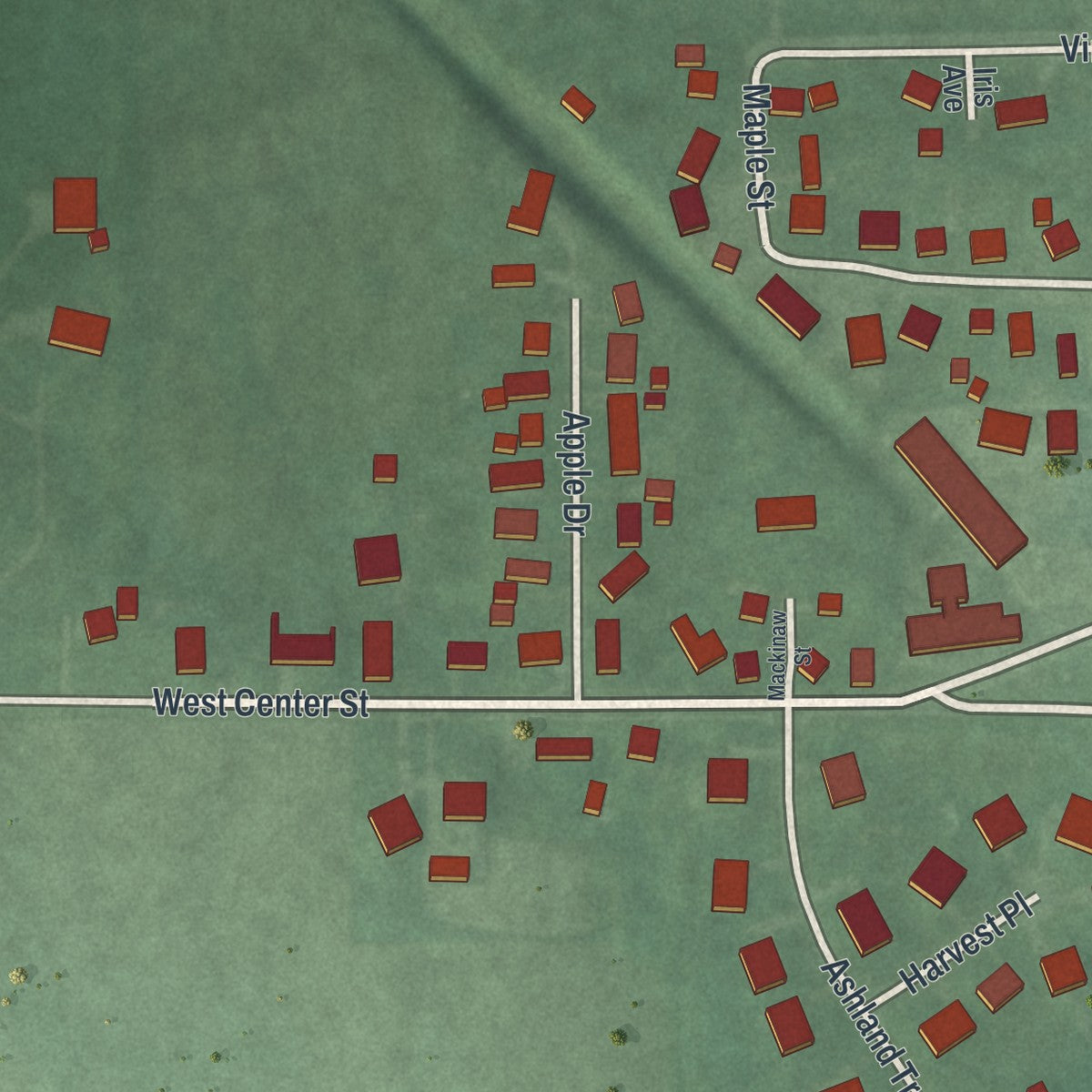 Second close-up of the map of Farmersville, Ohio print showing more streets and buildings