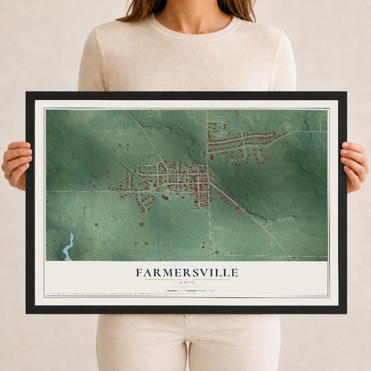 Map of Farmersville, Ohio, 12 x 18 inch print in a black wood frame