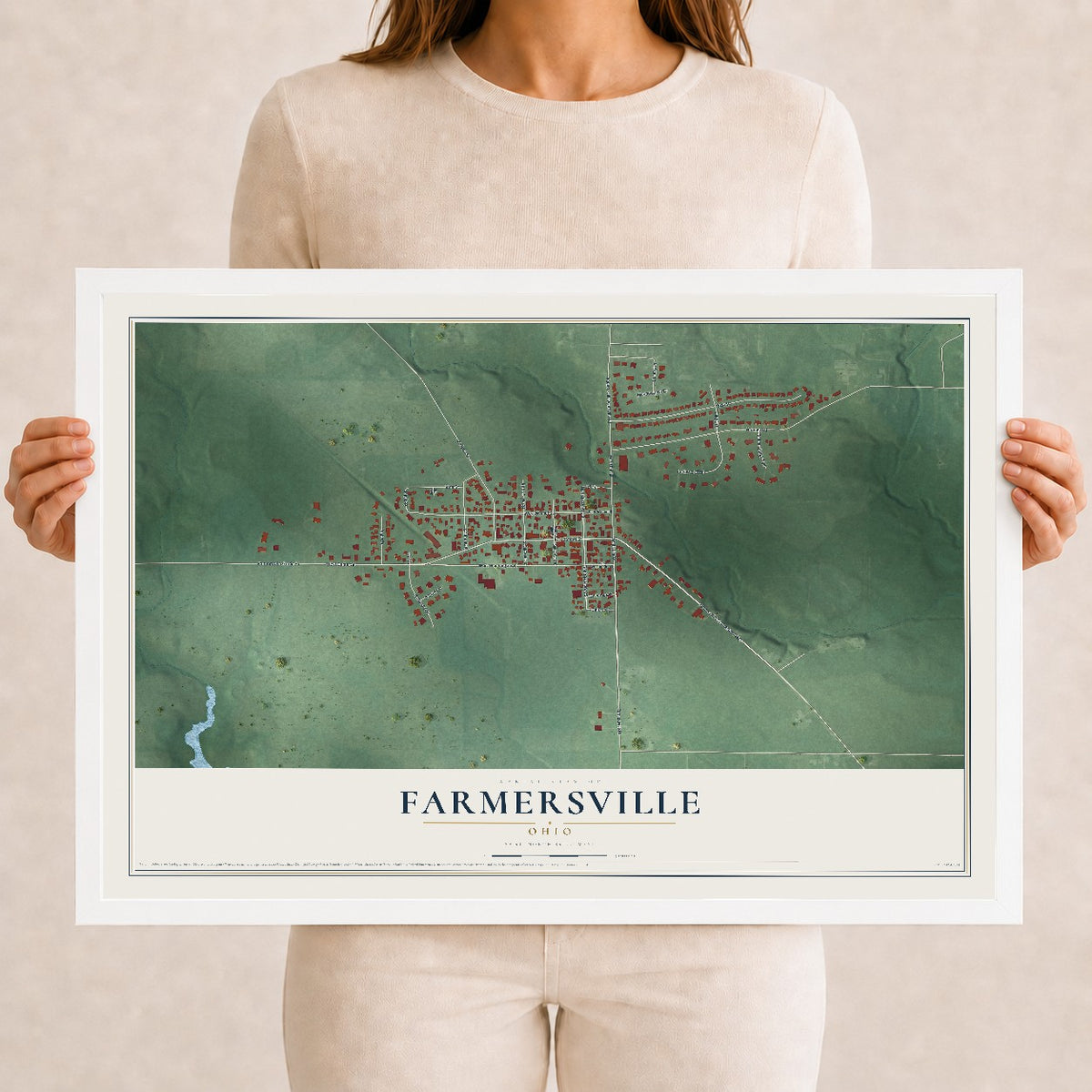 Map of Farmersville, Ohio, 12 x 18 inch print in a white wood frame