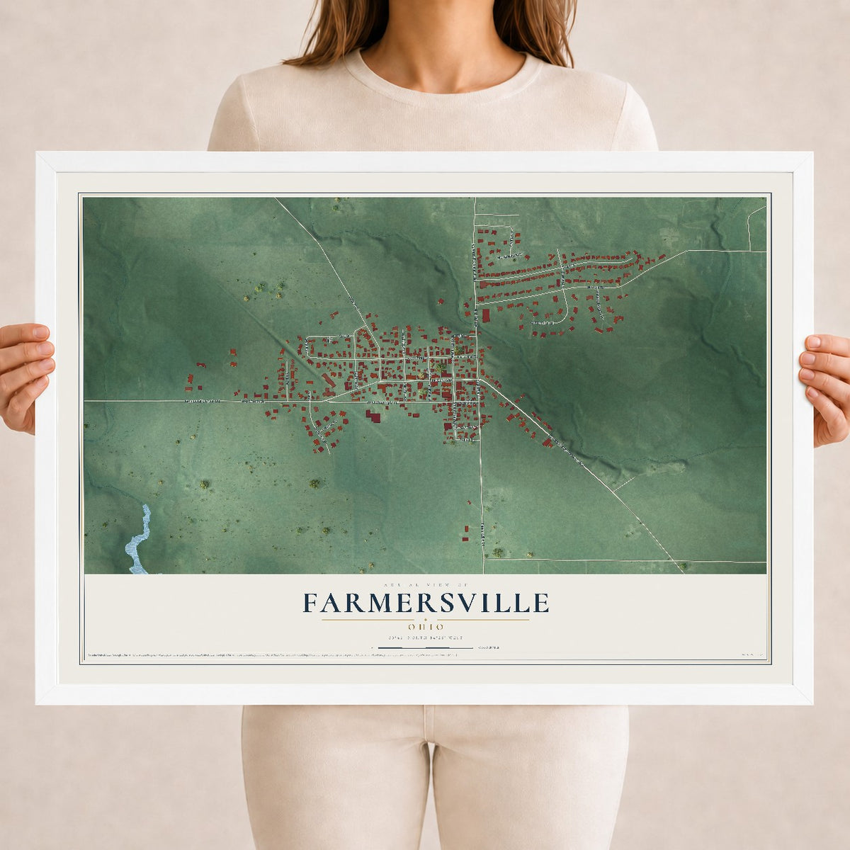 Map of Farmersville, Ohio, 18 x 24 inch print in a white wood frame
