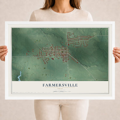 Map of Farmersville, Ohio, 18 x 24 inch print in a white wood frame