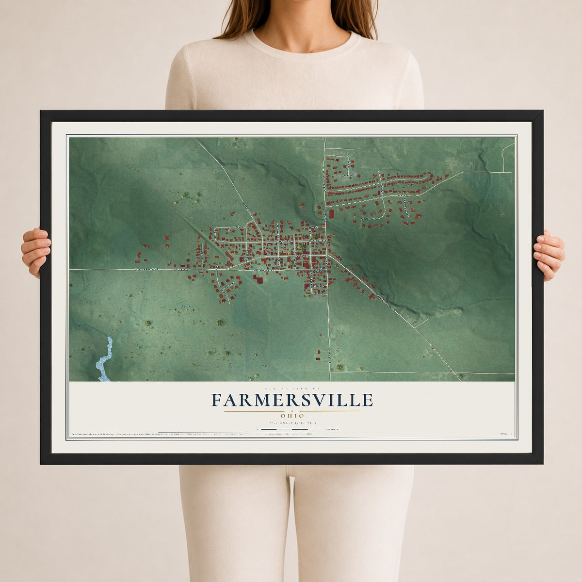 Map of Farmersville, Ohio, 24 x 36 inch print in a black wood frame