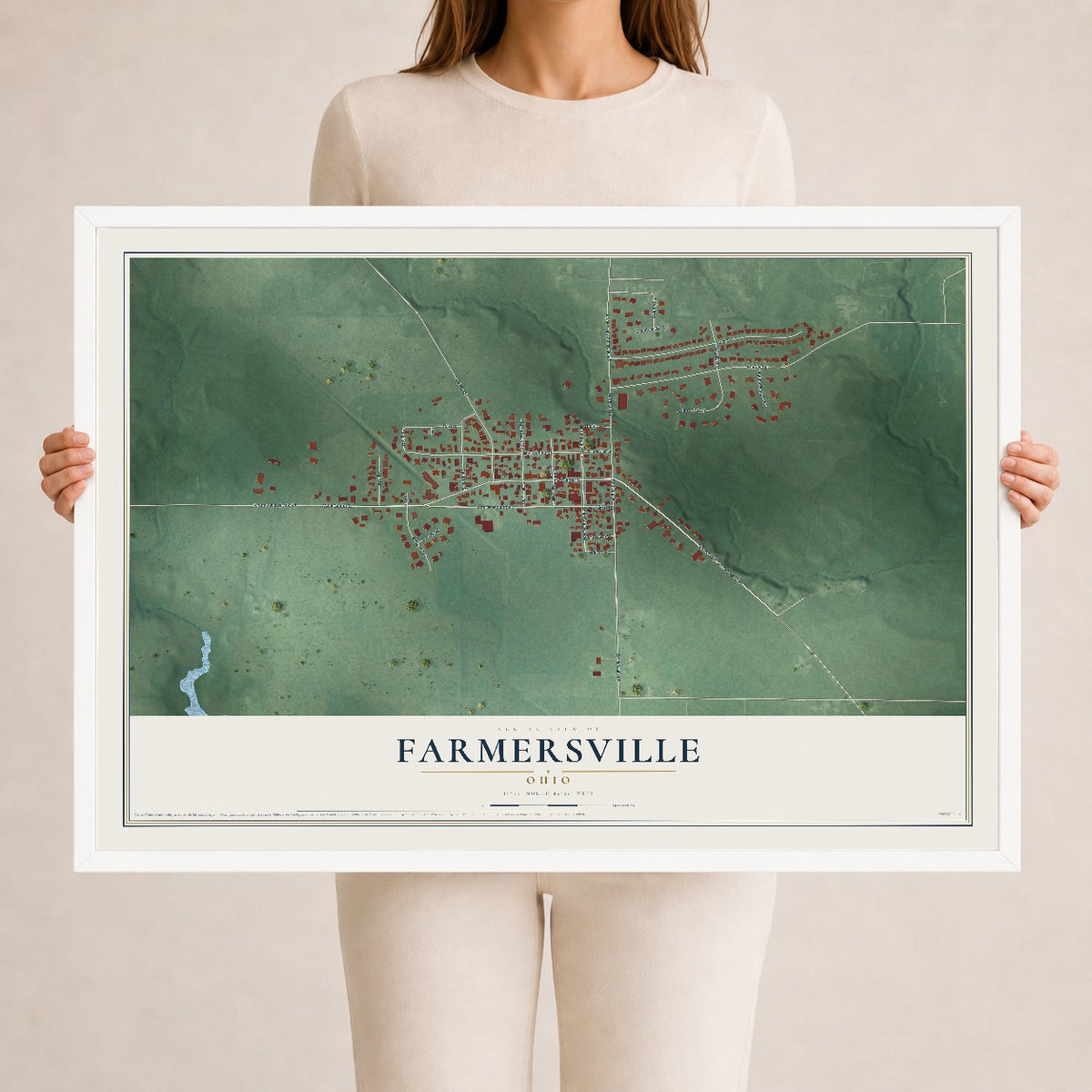Map of Farmersville, Ohio, 24 x 36 inch print in a white wood frame