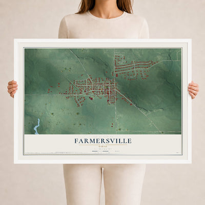 Map of Farmersville, Ohio, 24 x 36 inch print in a white wood frame