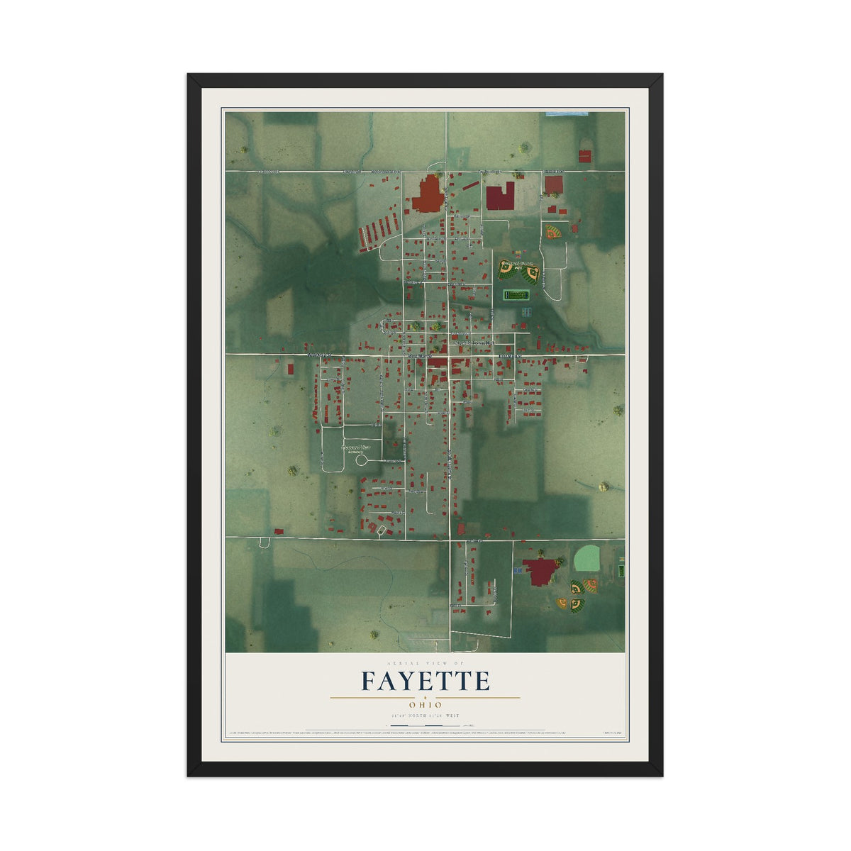 Map of Fayette, Ohio, 12 x 18 inch print in a black wood frame