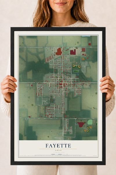 Map of Fayette, Ohio, 18 x 24 inch print in a black wood frame