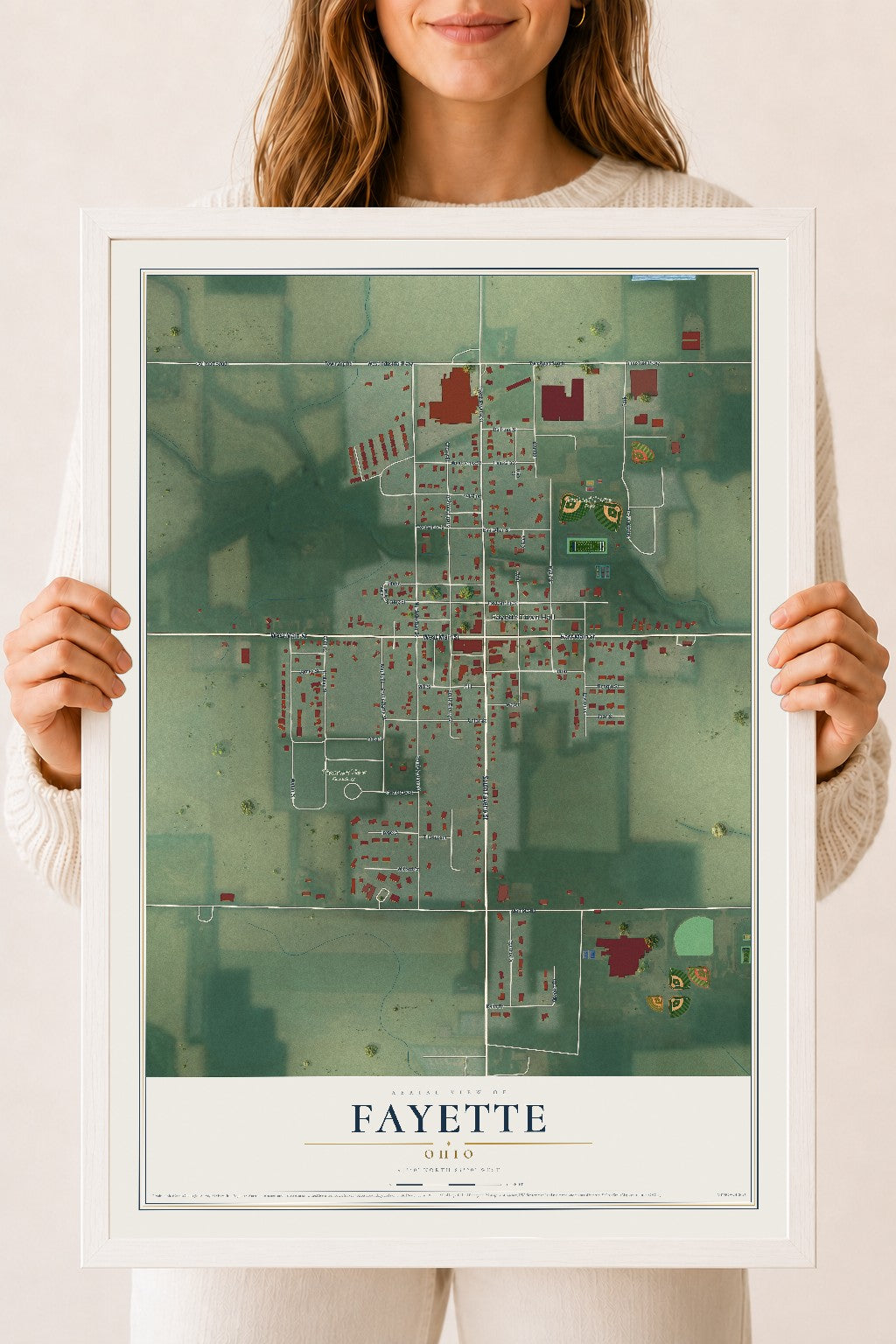 Map of Fayette, Ohio, 18 x 24 inch print in a white wood frame