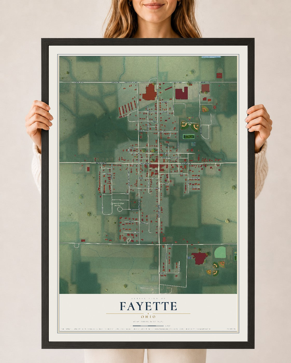 Map of Fayette, Ohio, 24 x 36 inch print in a black wood frame