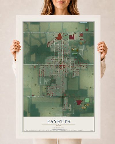 Map of Fayette, Ohio, 24 x 36 inch print in a white wood frame