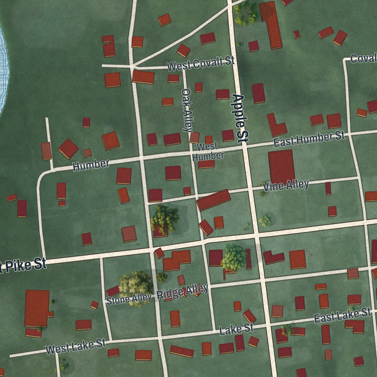 Close-up of the map of Fayetteville, Ohio print showing street and building detail