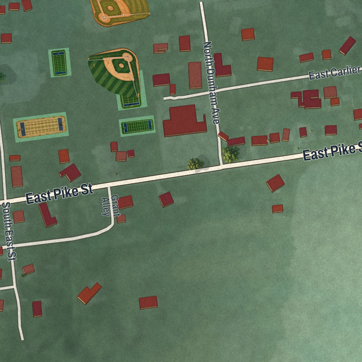 Second close-up of the map of Fayetteville, Ohio print showing more streets and buildings