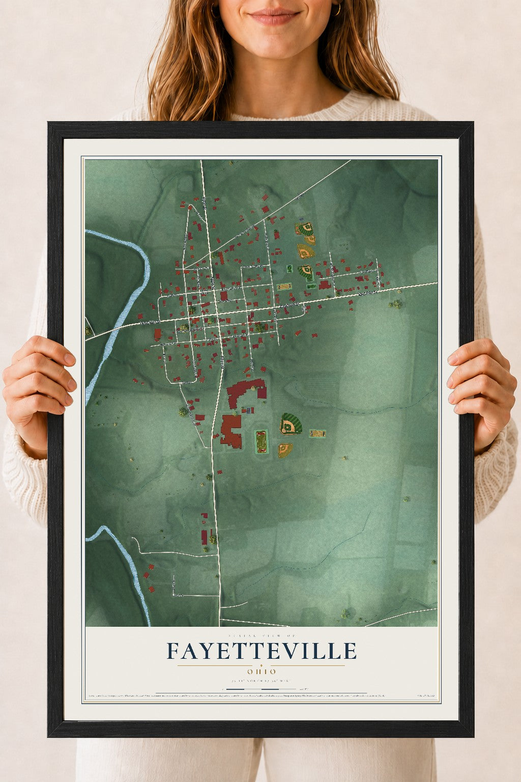 Map of Fayetteville, Ohio, 18 x 24 inch print in a black wood frame