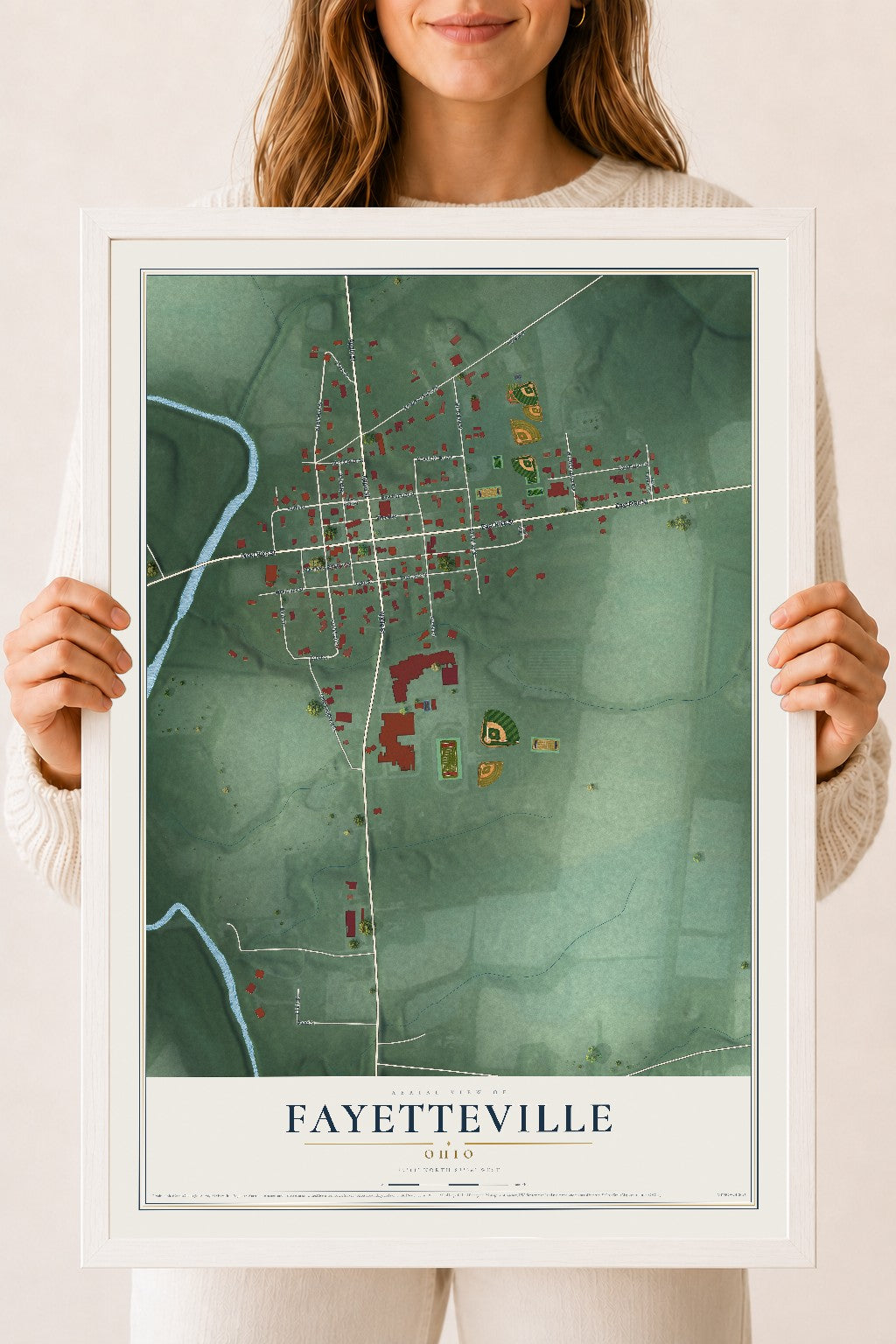 Map of Fayetteville, Ohio, 18 x 24 inch print in a white wood frame