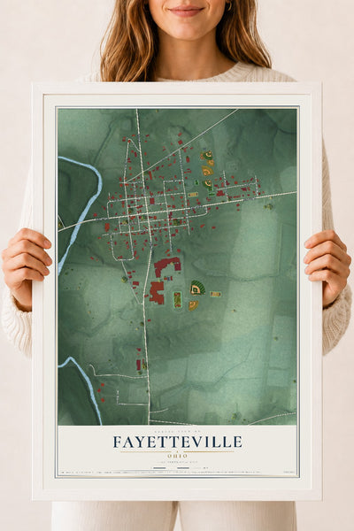 Map of Fayetteville, Ohio, 18 x 24 inch print in a white wood frame