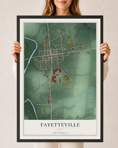 Map of Fayetteville, Ohio, 24 x 36 inch print in a black wood frame