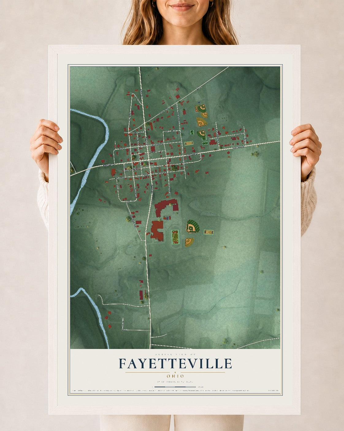 Map of Fayetteville, Ohio, 24 x 36 inch print in a white wood frame