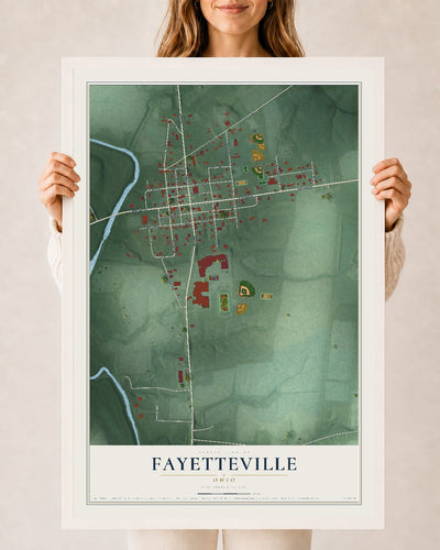 Map of Fayetteville, Ohio, 24 x 36 inch print in a white wood frame