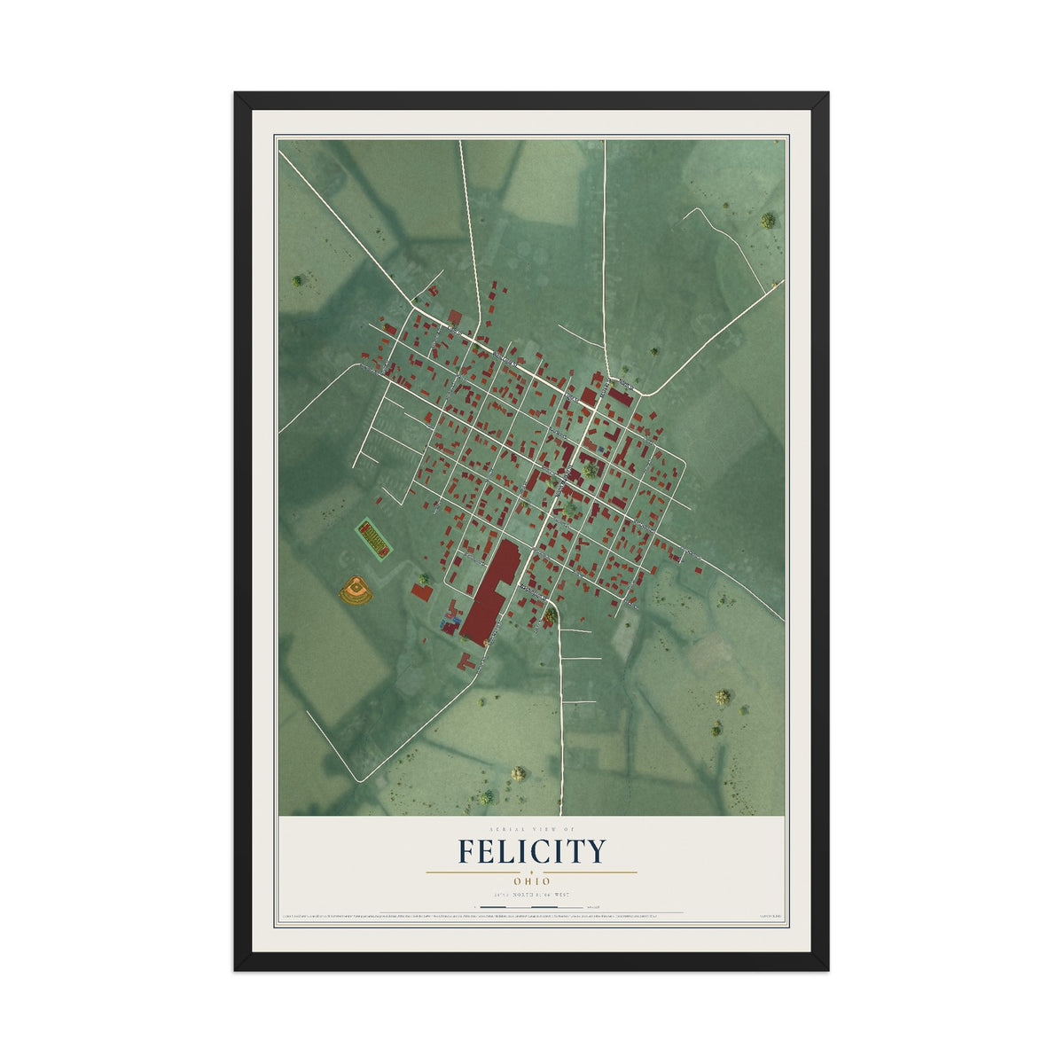 Map of Felicity, Ohio, 12 x 18 inch print in a black wood frame