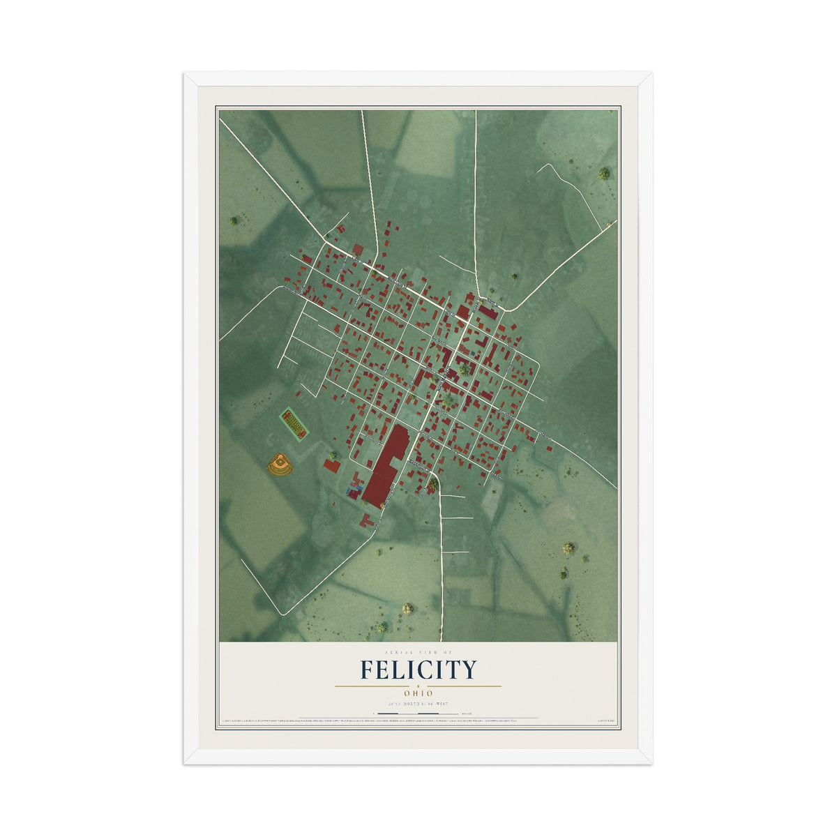 Map of Felicity, Ohio, 12 x 18 inch print in a white wood frame