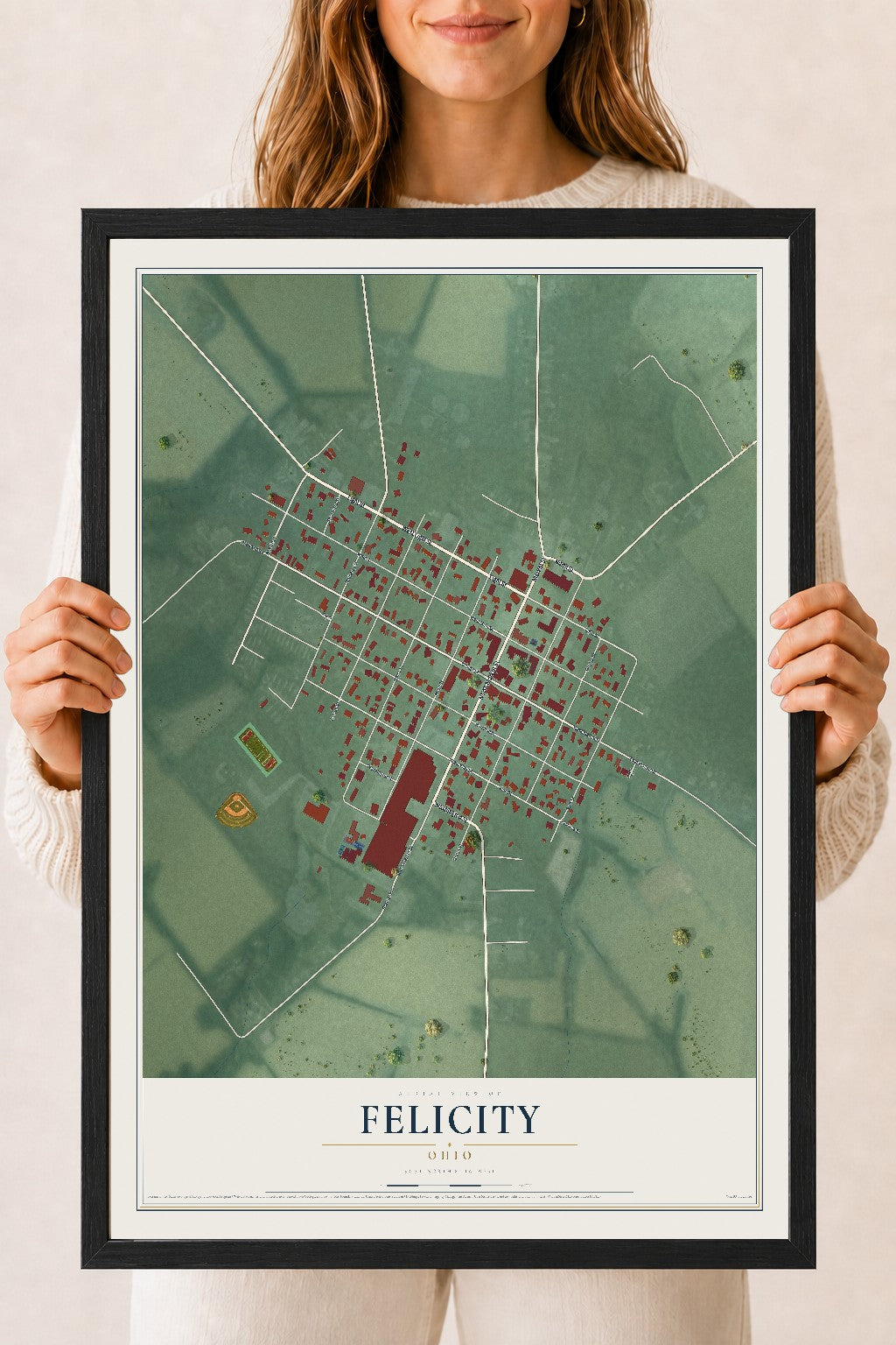 Map of Felicity, Ohio, 18 x 24 inch print in a black wood frame