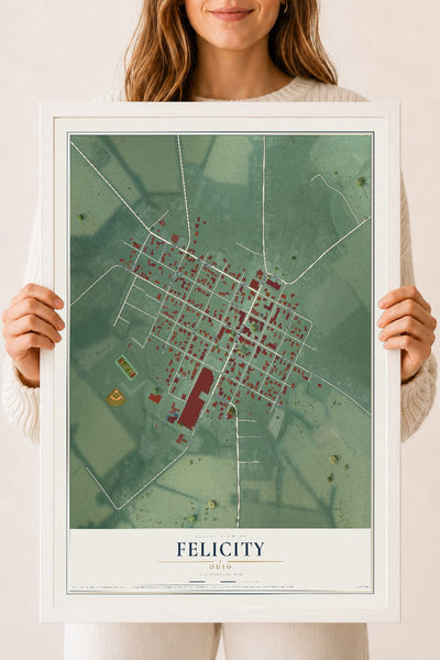 Map of Felicity, Ohio, 18 x 24 inch print in a white wood frame