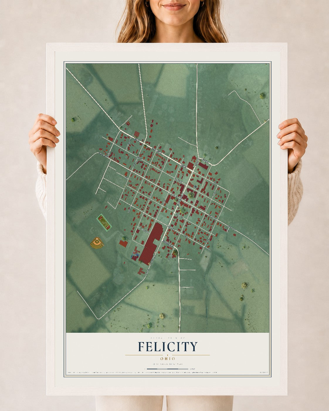 Map of Felicity, Ohio, 24 x 36 inch print in a white wood frame