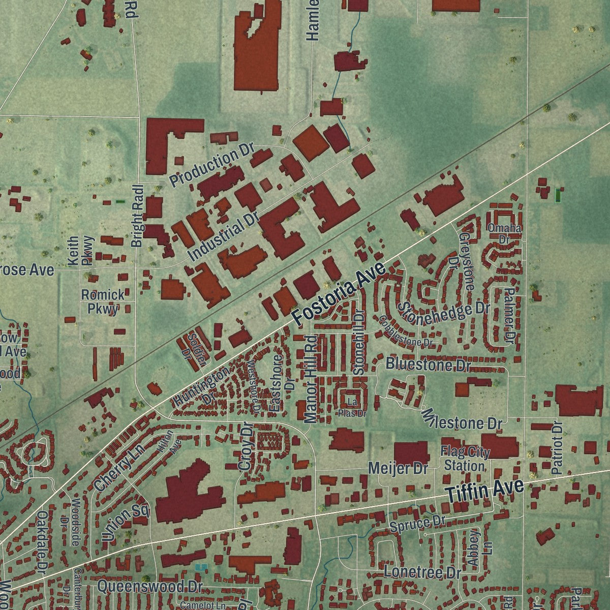 Second close-up of the map of Findlay, Ohio print showing more streets and buildings