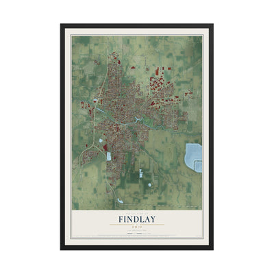 Map of Findlay, Ohio, 12 x 18 inch print in a black wood frame