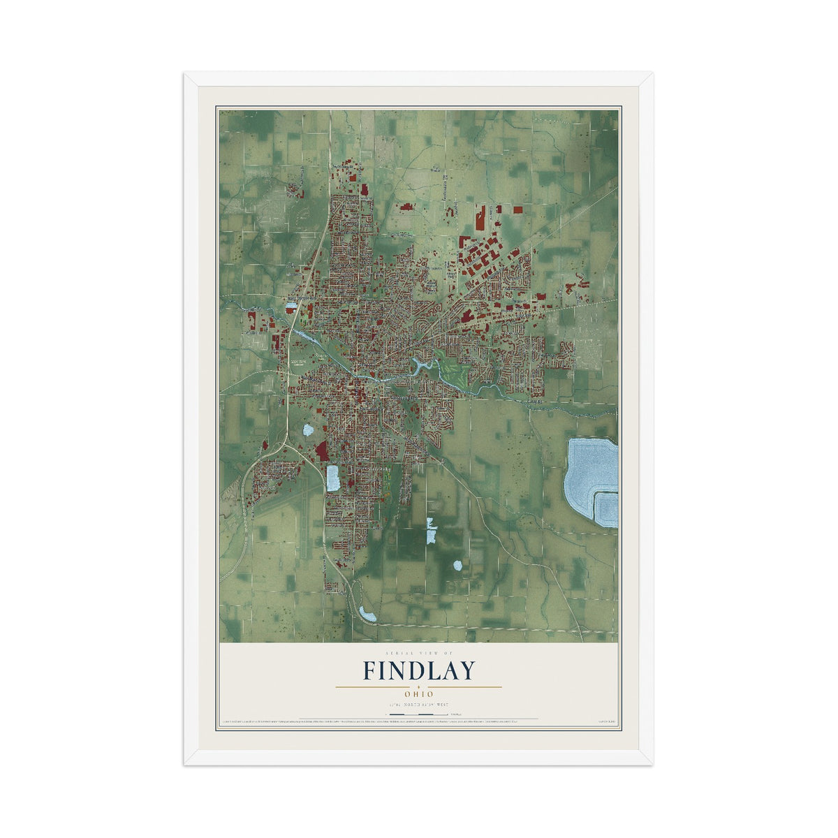 Map of Findlay, Ohio, 12 x 18 inch print in a white wood frame