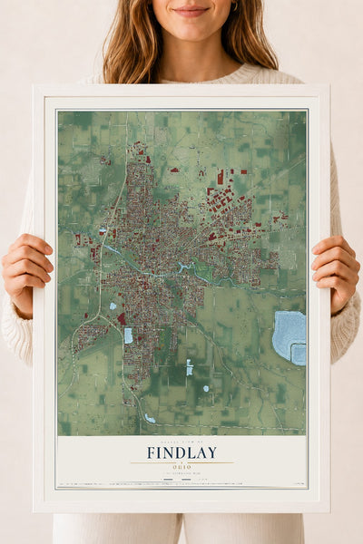 Map of Findlay, Ohio, 18 x 24 inch print in a white wood frame