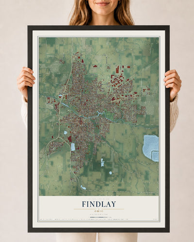 Map of Findlay, Ohio, 24 x 36 inch print in a black wood frame