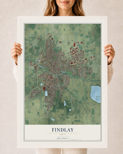 Map of Findlay, Ohio, 24 x 36 inch print in a white wood frame
