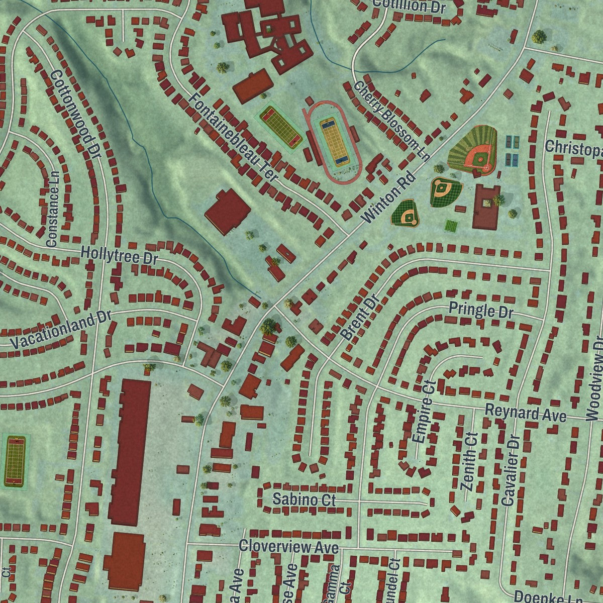 Close-up of the map of Finneytown, Ohio print showing street and building detail