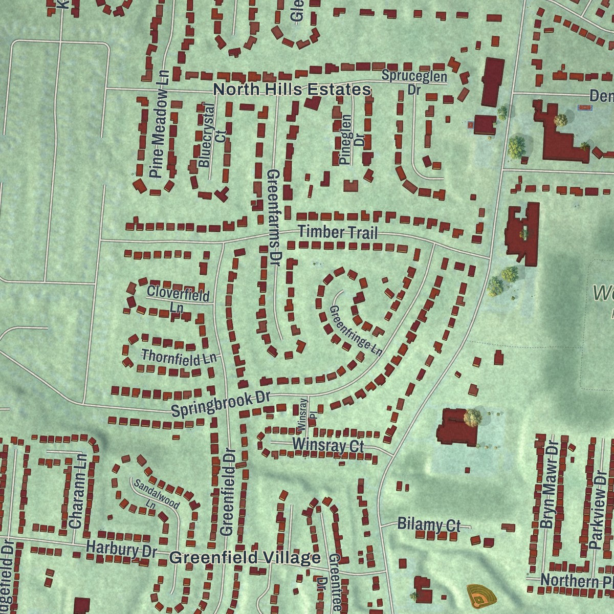 Second close-up of the map of Finneytown, Ohio print showing more streets and buildings
