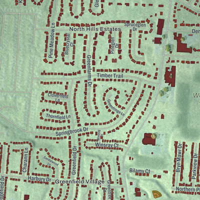 Second close-up of the map of Finneytown, Ohio print showing more streets and buildings