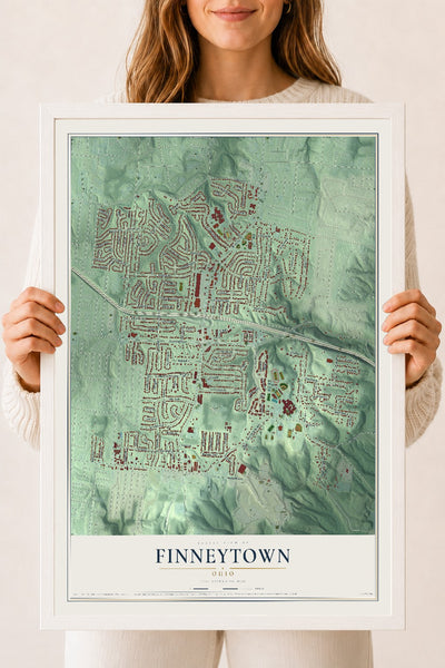 Map of Finneytown, Ohio, 18 x 24 inch print in a white wood frame