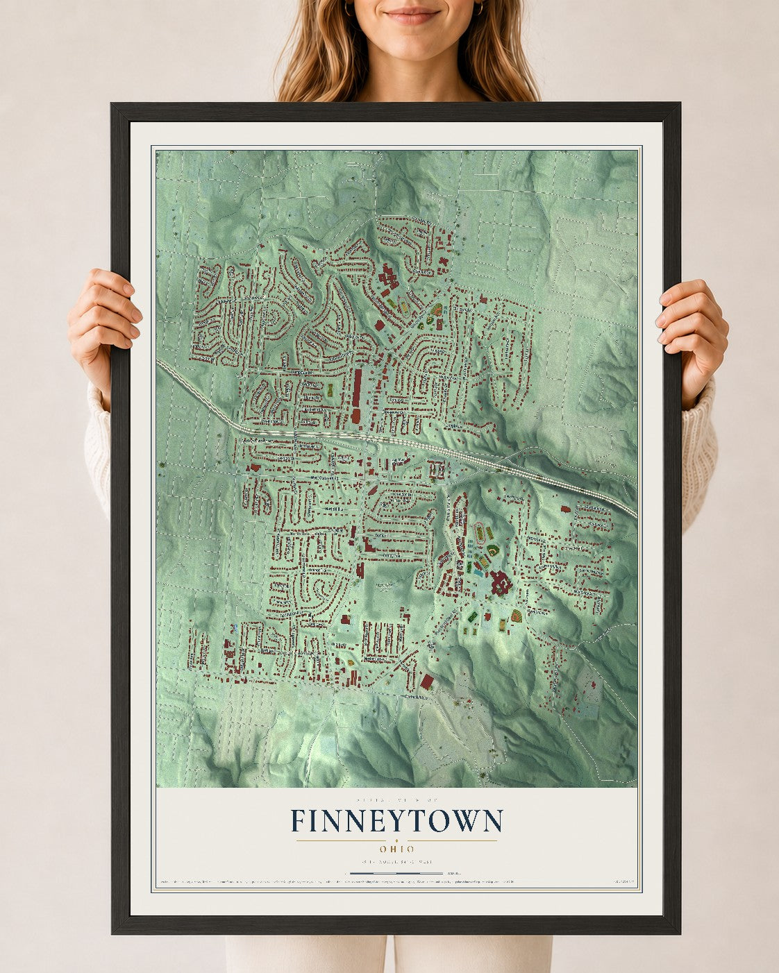 Map of Finneytown, Ohio, 24 x 36 inch print in a black wood frame